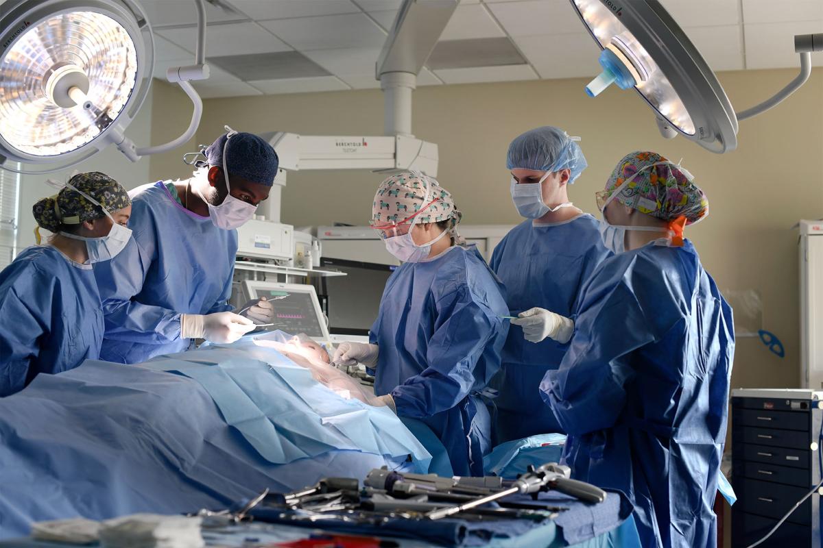 Nurse anesthesia students participating in an operating room simulation