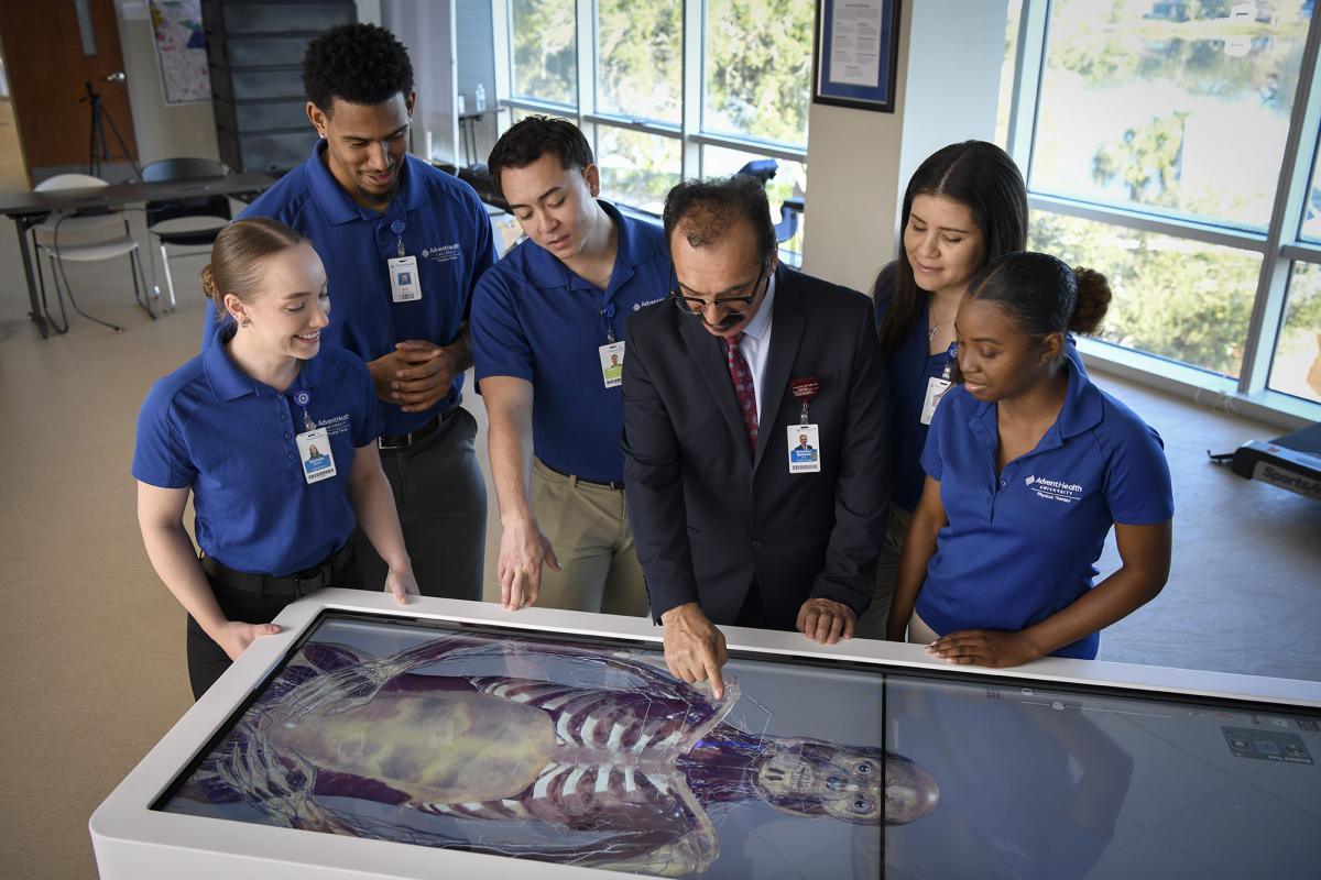 Physical Therapy students looking at an image of a skeleton