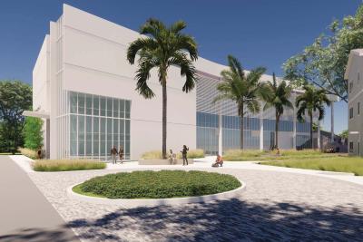 A rendering of the exterior grounds of AHU's newest building