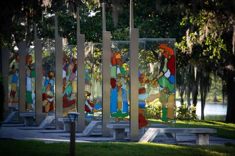 Stained glass art in the garden of miracles at AHU Orlando