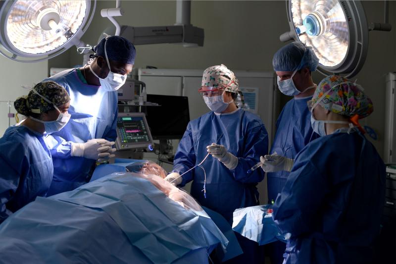 A group of nurse anesthesia students participate in an operating room simulation