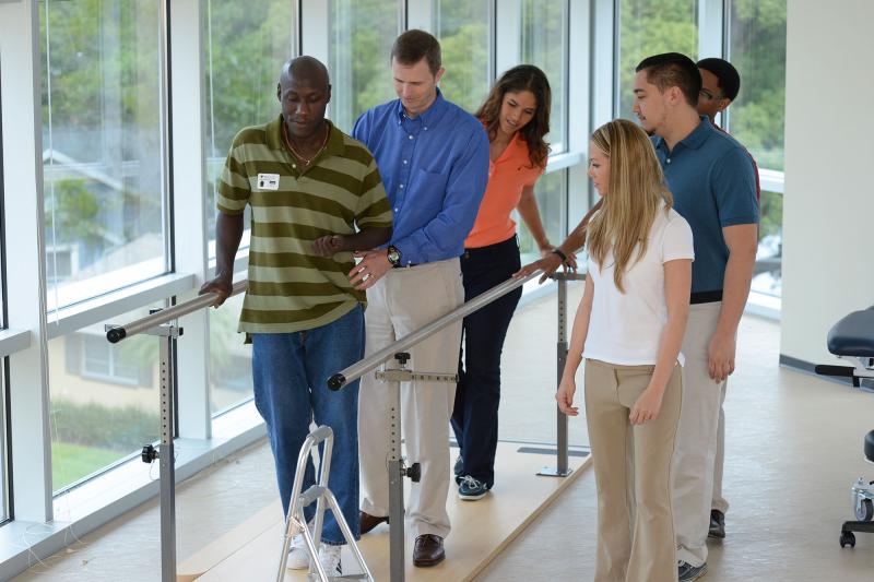 A group of students watching a faculty member provide therapy to a patient