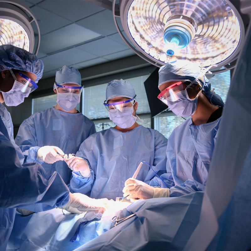 A group of physician assistant students running a surgery simulation